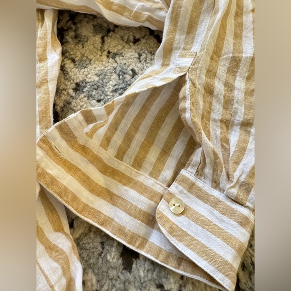 J. Jill Love Linen Tan Stripe Shirt top Long Sleeve Relaxed Fit Coastal Grandma - Picture 6 of 9